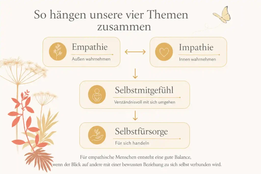 Grafik Zusammenhang zwischen der 4 Themen Empathie, Impathie, Selbstmitgefühl und Selbstfürsorge